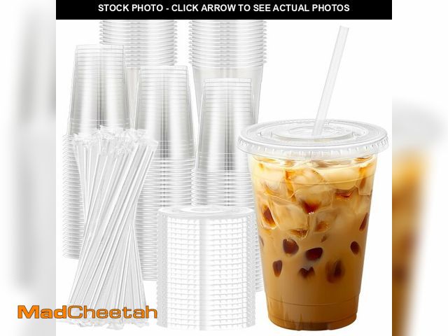 Lot 74-12767279 - Lamosi 100 Pack 16 oz Clear Plastic Cups with Lids and Straws, Disposable Plastic Coffee Cups with L...