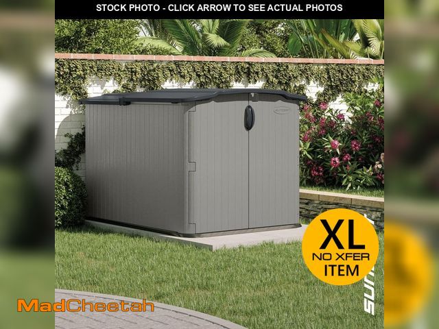 Lot 74-14591734 - Suncast Glide top 5 ft. x 7 ft. Plastic Resin Storage Shed with Floor (32 sq. ft.) in Dove (Gray) BM...