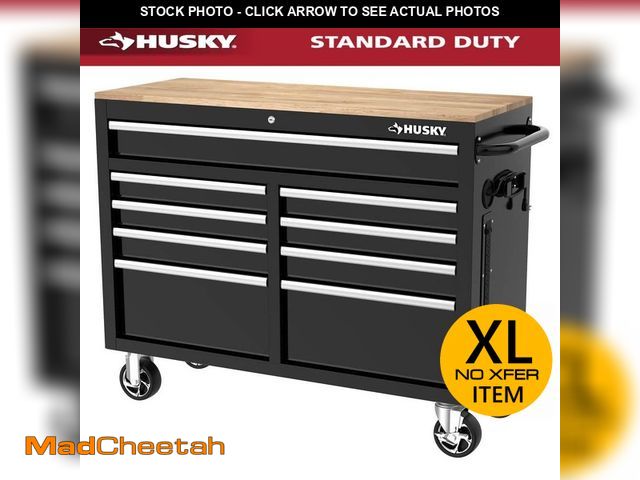Lot 74-12851564 - Husky Tool Storage 46 in. W x 18 in. D 9-Drawer Mobile Workbench Cabinet in Gloss Black - UNUSED