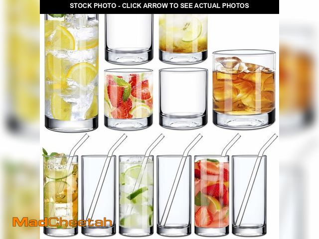 Lot 74-13623353 - CLRBEATTY 12 Pack Glass Cups with Glass Straws, 6 Highball Glasses &amp; 6 Rock Drinking Glasses, Re...