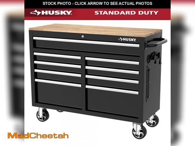 Lot 74-12032233 - *SEE DETAILS* Husky Tool Storage 46 in. W x 18 in. D 9-Drawer Mobile Workbench Cabinet in Gloss Blac...