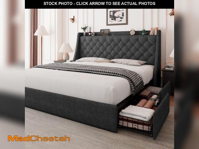 Lot 74-12071373 - Feonase Queen Bed Frame with 4 Storage Drawers, Upholstered Storage Bed with Charging Station, Tufte...