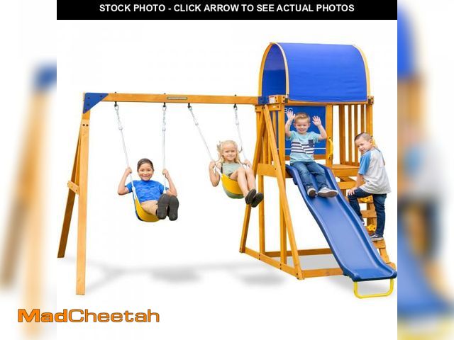 Lot 74-12388982 - Sportspower Augusta Wooden Swing Set with Heavy Duty A-Frame &amp; 6ft Double Wall Slide, Bonus Anch...