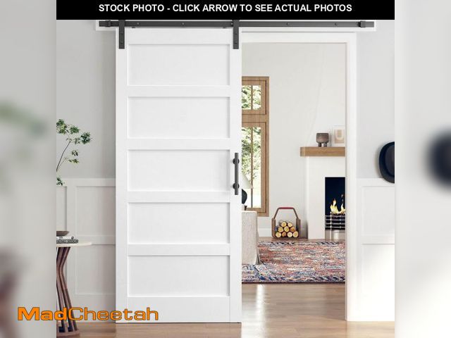 Lot 74-12201944 - ROYMELO 36x84 Inch White Sliding Barn Door Slab with 6.6ft Hardware Kit Included, 5-Panel, MDF Wood ...