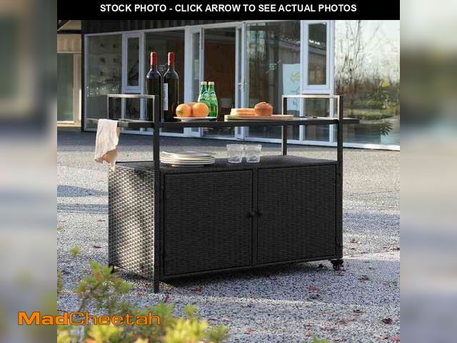 Lot 74-14245641 - Black Portable Wicker Outdoor Bar Cart with Wheels, Rolling Serving Cart, Rattan Bar Table with Stor...