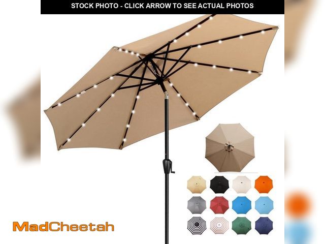Lot 74-14242585 - Sun-Ray 9 ft. Steel Market Solar Lighted 8-Rib Round Patio Umbrella in Taupe - UNUSED