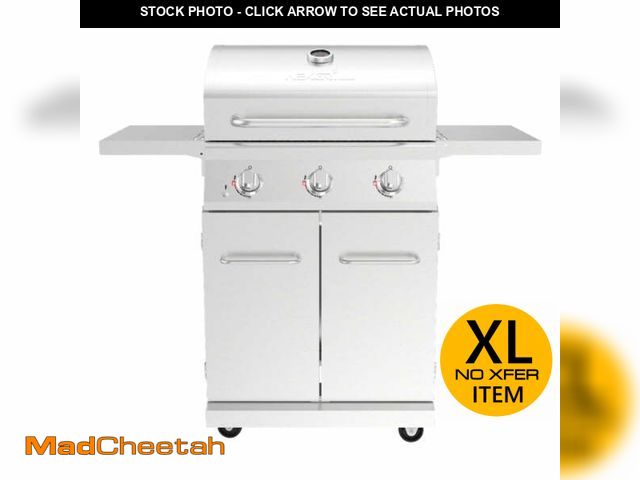 Lot 74-14308202 - Nexgrill 3-Burner Stainless Steel Propane Gas Grill with Side Tables, 40,500 BTUs, 4 Wheel Transport...