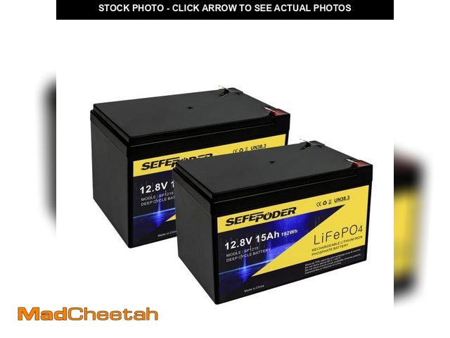 Lot 74-12220526 - SEFEPODER 2 Pack 12V 15Ah LiFePO4 Deep Cycle Battery, 2000+ Cycles Rechargeable Battery for Scooter,...