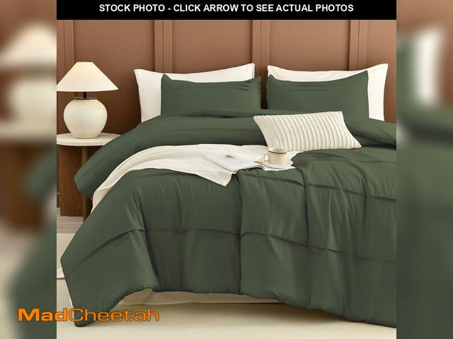 Lot 74-14282301 - CozyTide Olive Green Queen Comforter Set(90"x95"),Cotton Pinch Pleated Dark Green Bedding Set,3 Piec...