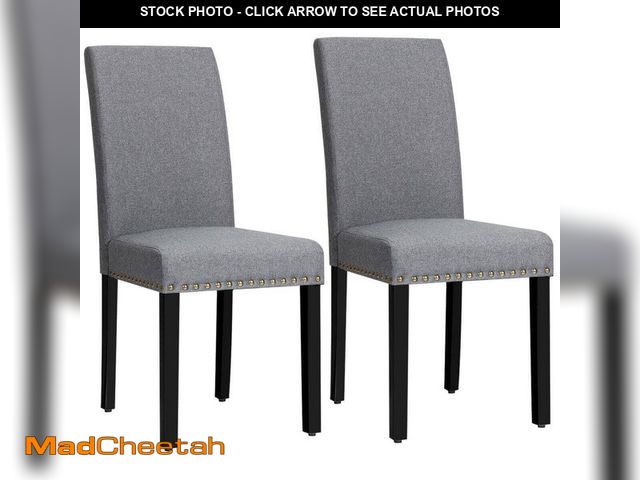 Lot 74-12811125 - Costway Gray Fabric Dining Chairs with Nailhead Trim and Wood Legs (Set of 2) - USED