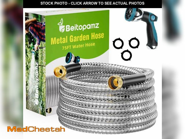 Lot 74-14265044 - Beitopamz Garden Hose 75 ft, Stainless Steel Metal Water Hose with Nozzle, Flexible and Durable, Rus...