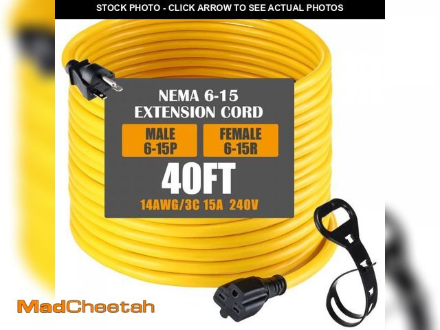 Lot 74-12313824 - Tellegloww 40ft Nema 6-15 Extension Cord 6-15p Male to 6-15r Female, 15 Amp Power Cable for 220/240v...
