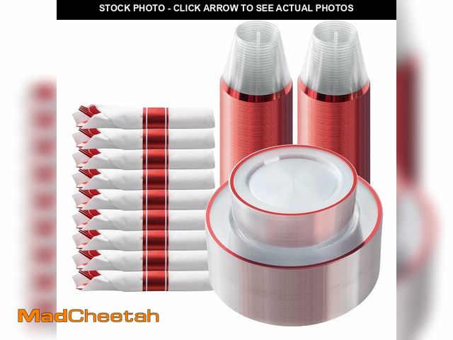 Lot 74-12712414 - Goodluck 175 Piece Red Plastic Dinnerware Set for Party, Clear Disposable Plates for 25 Guests, Incl...