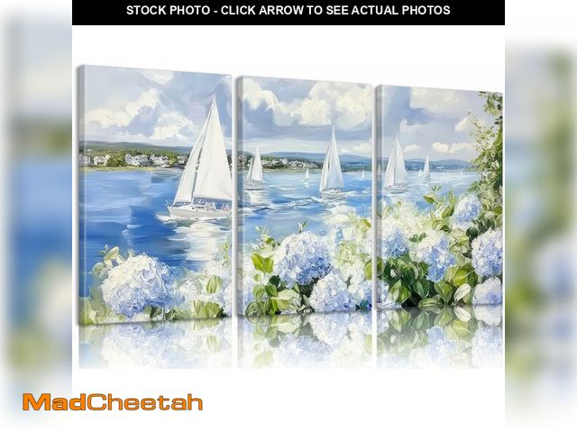 Lot 74-14154532 - Vintage Floral Blue Coastal Wall Art Sailboat &amp; Hydrangea Pictures Wall Decor Grandmillenial Nau...