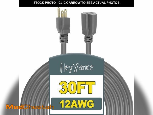Lot 74-12712770 - HeyYance 30 Ft Heavy Duty Outdoor Extension Cord Waterproof - 12/3 SJTW 15A 1875W Gray Extension Cab...
