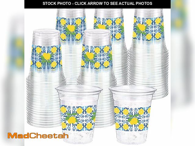 Lot 74-13716199 - Jingmore 100 Pcs Capri Lemon Plastic Cups 12oz Blue Tiles Yellow Lemon Disposable Clear Plastic Drin...