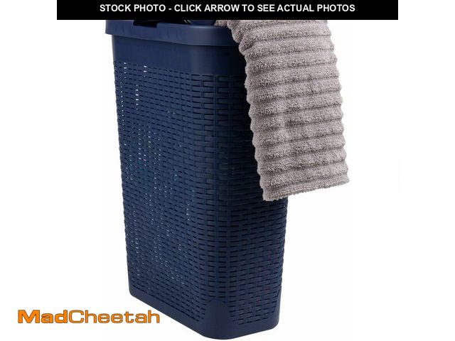 Lot 74-14067468 - Mind Reader Slim Laundry Hamper with Lid, 40L Clothes Basket, Premium Wicker Design, Plastic, Navy -...