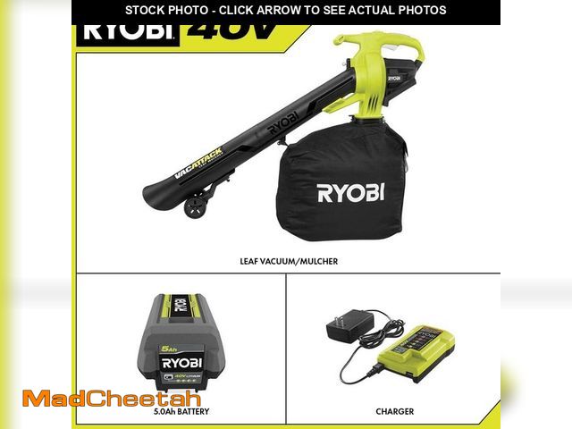 Lot 74-14292173 - RYOBI 40V Vac Attack Cordless Leaf Vacuum/Mulcher with 5.0 Ah Battery and Charger - USED