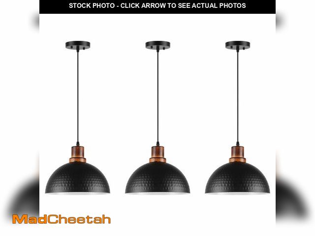 Lot 74-12714766 - Mgcanyu Solid Wood Pendant Lights 3 Pack, 11.8" Modern Matte Black Dome Hammered Metal Hanging Ceili...