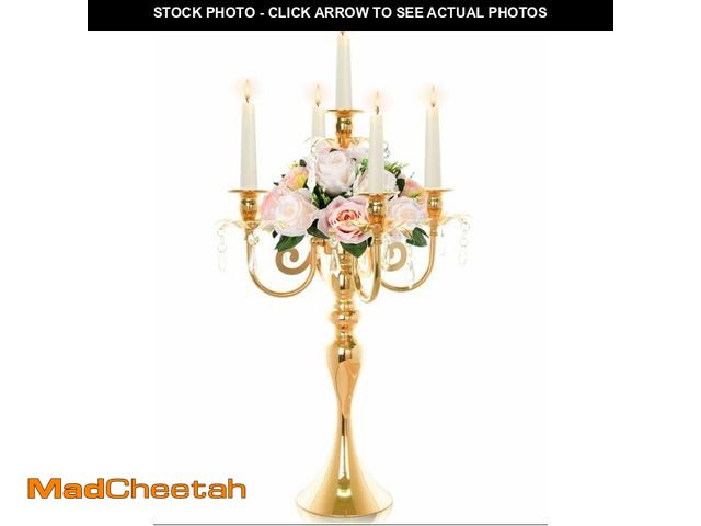 Lot 74-12599492 - 20.3'' Tall 5 Arm Gold Candelabra Centerpiece for Table, Metal &amp;Crysyal Candle Holder, Retro Can...
