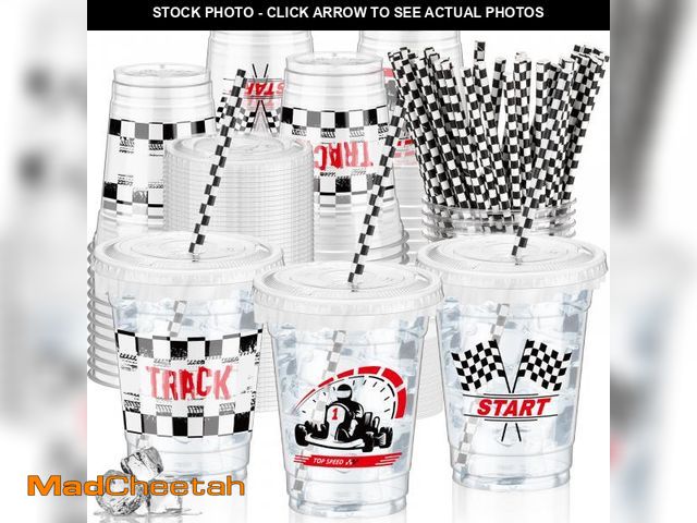 Lot 74-12215801 - FoldTier 50 Pcs Checkered Racing Party Plastic Cup 12 oz Checkered Flag Thick Clear Cup Black and Wh...