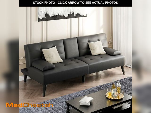 Lot 74-13075803 - (MISSING PILLOWS) Shintenchi Futon Sofa Bed, Leather Foldable Couch, Reclining Sleeper w/Removable A...