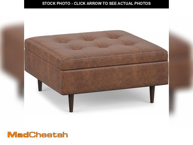 Lot 74-14610103 - SIMPLIHOME Shay 38" Wide Vegan Leather Storage Ottoman in Saddle Brown - UNUSED