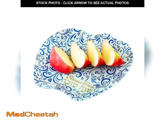 Lot 74-12846110 - Rosh Hashanah Glass Apple Plate with Blue and Gold Jewish New Year Hostess Party Favors Cooking Serv...