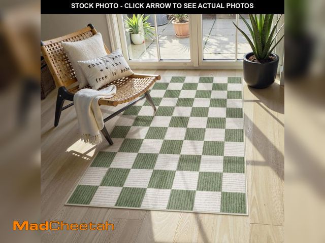 Lot 74-11552896 - LIVEBOX 3x5 Washable Area Rug Checkered, Non-Slip Small Entryway Rug Green Farmhouse Neutral Classic...