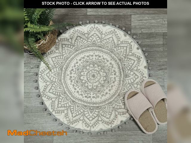 Lot 74-14273587 - Uphome Small Round Rug 2Ã¢â¬â¢ Boho Beige and Grey Bathroom Rug with Pom Poms Fringe Washable Mand...