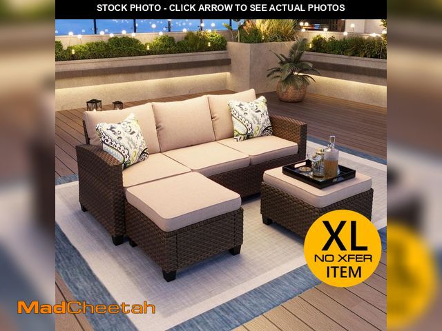 Lot 74-14221932 - PHI VILLA Brown Rattan Wicker 5 Seat 3-Piece Steel Patio Outdoor Sectional Set with Beige Cushions a...