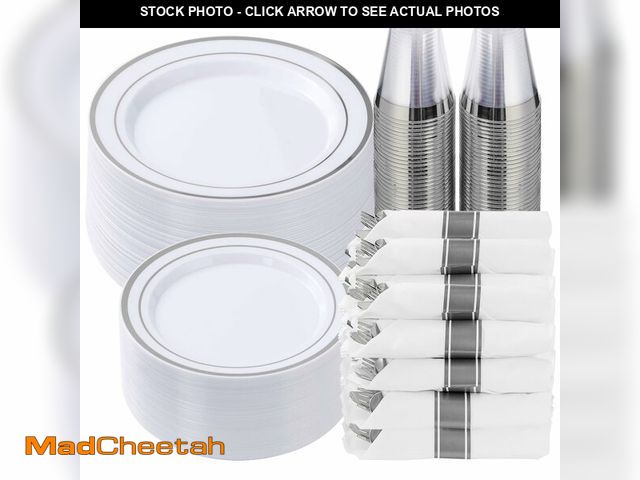 Lot 74-14209176 - Goodluck 350 Piece Silver Plastic Dinnerware Set for 50 Guests, Fancy Disposable Plates for Party, I...