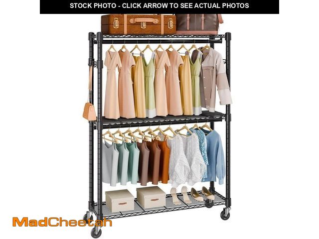 Lot 74-13822494 - SKYSHALO Heavy Duty Clothes Rack, Rolling Clothing Garment Rack with 3-Storage Tiers, 2-Rods, 2-Pair...