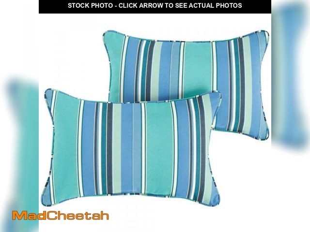 Lot 74-12463154 - SORRA HOME Sunbrella Blue Teal Stripe Rectangular Outdoor Corded Lumbar Pillows (2-Pack) - UNUSED