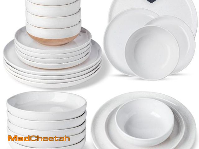 Lot 74-12167054 - AmorArc 32 Pieces Ceramic Dinnerware Sets for 8, Handpainted Plates and Bowls Set with Rustic Terrac...