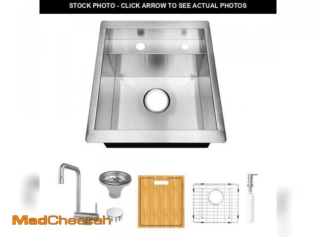 Lot 74-12090919 - Zero Radius 17 in. Undermount 18G Stainless Steel Single Bowl Workstation Bar Sink with Folding Fauc...