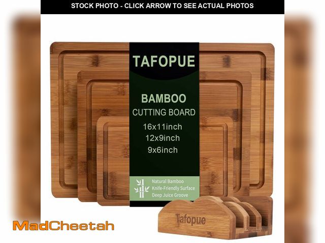Lot 74-13548967 - Tafopue Cutting Board Set with Holder, Space Saving Kitchen Bamboo Chopping Boards, Build in Juice G...