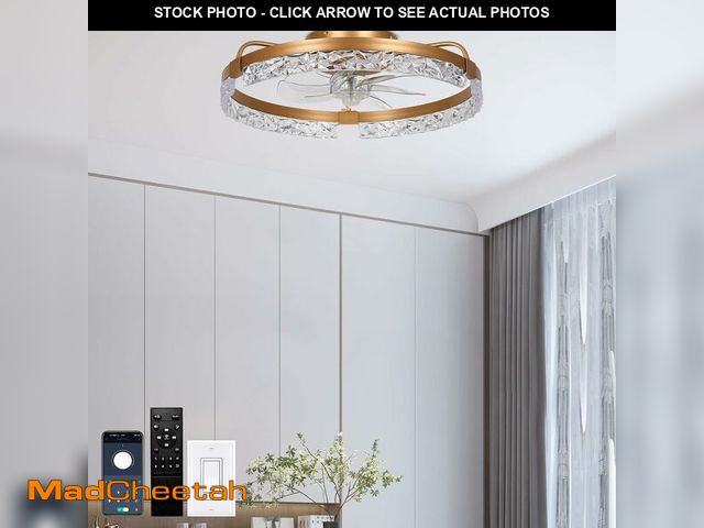 Lot 74-13583129 - Finktonglan 20" Crystal Flush Mount Ceiling Fan with Light, Gold, Low-Profile Enclosed Fandelier, Ap...