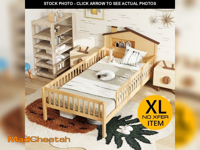 Lot 74-13640233 - KOMFOTT Twin Bed Frame with Rails &amp; House Shaped Headboard, Solid Wood Platform Bed with Safety ...