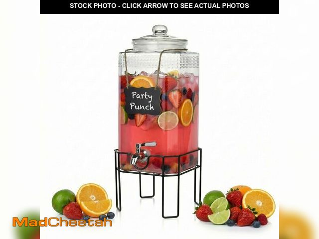 Lot 74-14263377 - 2 Gallon Glass Drink Dispenser, Drink Dispensers for Parties, Beverage Dispenser with Stand and Glas...