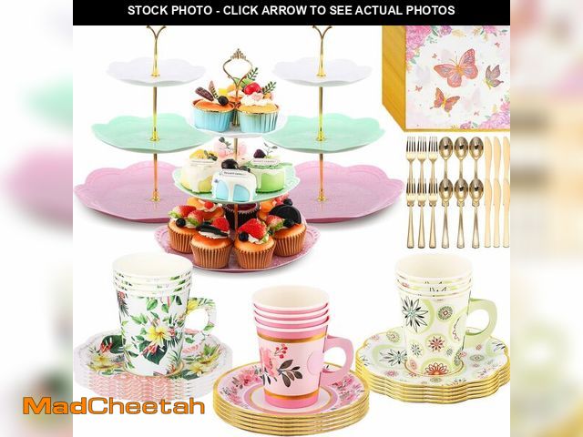 Lot 74-13951653 - Layhit 83 Pcs Disposable Tea Party Set for Women Girls Vintage Floral Tableware with 3 Tier Cake Sta...