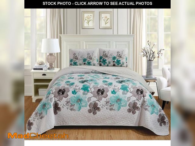 Lot 74-14061856 - Luxury Home Collection 3 Piece King/California King Quilted Reversible Coverlet Bedspread Set Floral...