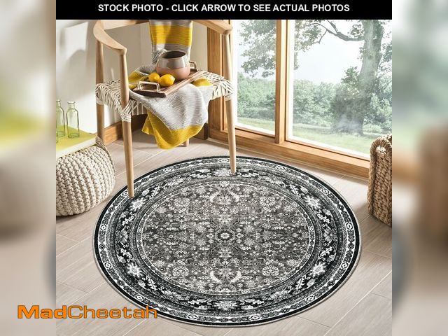 Lot 74-14383658 - OPPODREAM Vintage Black Round Rug 4ft, 4 ft Retro Washable Circle Rug Non Slip, Low-Pile Faux Wool C...