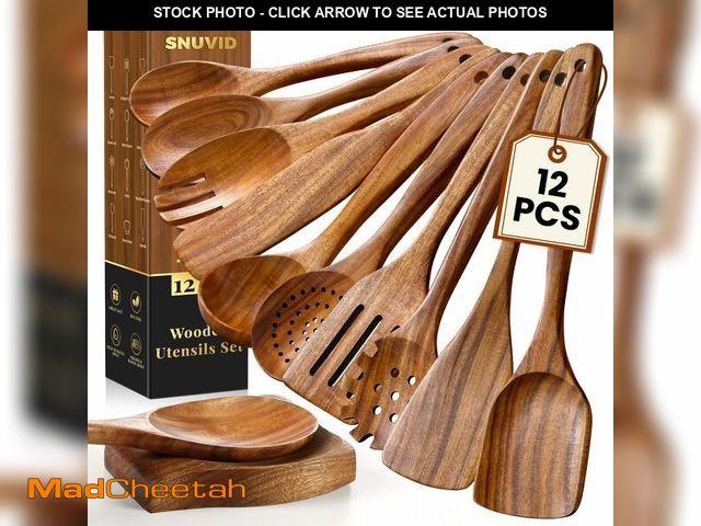 Lot 74-13631979 - Wooden Spoons for Cooking, 12 Pcs Teak Wood Kitchen Utensils Set with Spoon Rest - Nonstick Heat Res...