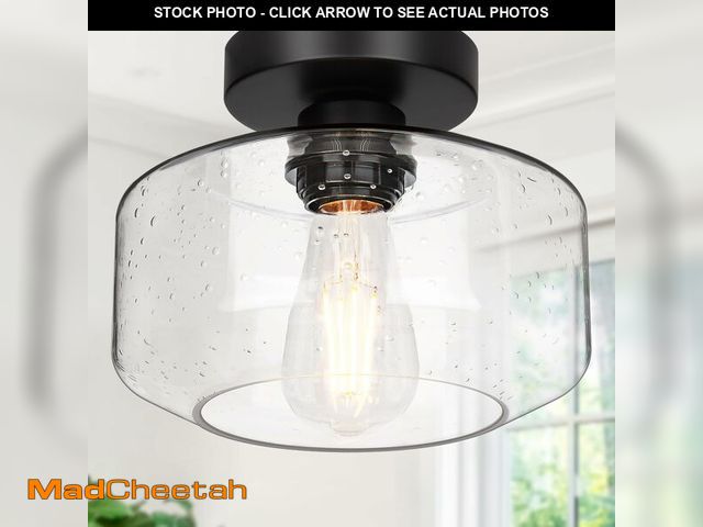 Lot 74-12895654 - Industrial Semi Flush Mount Ceiling Light, 800 Lumen LED Bulb Included, Seeded Glass Shade Farmhouse...