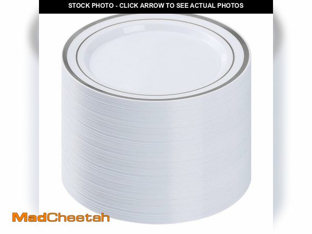 Lot 74-14378551 - BESTVIP 100PCS Silver Plastic Plates, 10.25 Inch Disposable Dinner Plate Party with Silver Rim for C...