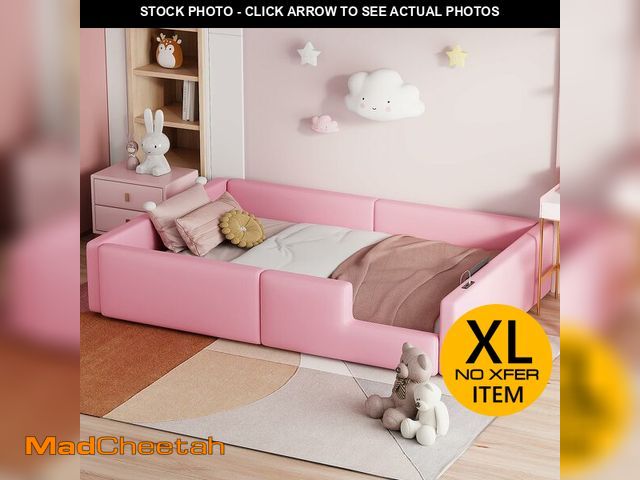 Lot 74-12694392 - Merax Twin Size Kids Floor Bed with Guardrail and Charging Station, PU Leather Upholstered Daybed Fr...