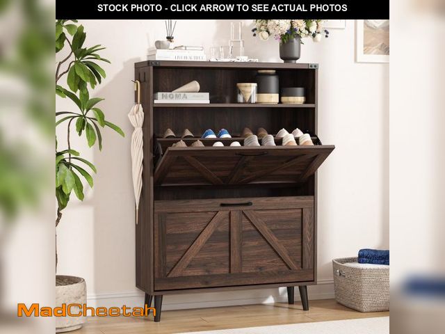 Lot 74-12155633 - Veanerwood Farmhouse Freestanding Shoe Cabinet with 2 Flip Drawers for Entryway, Dark Rustic Oak - U...