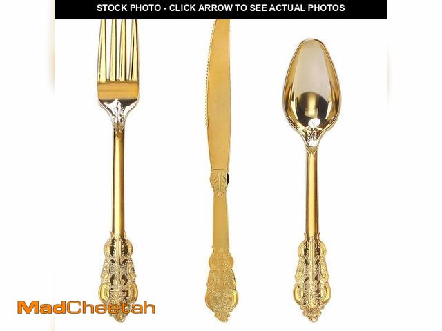 Lot 74-14054472 - WDF 300 Pieces Gold Plastic Silverware Disposable - Heavy Duty Plastic Cutlery - Gold Silverware Set...