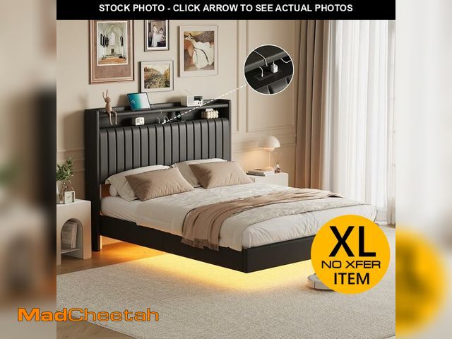 Lot 74-13118524 - Queen Floating Bed Frame with RGB LED Lights &amp; Charging Station, Upholstered Platform Bed Frame ...